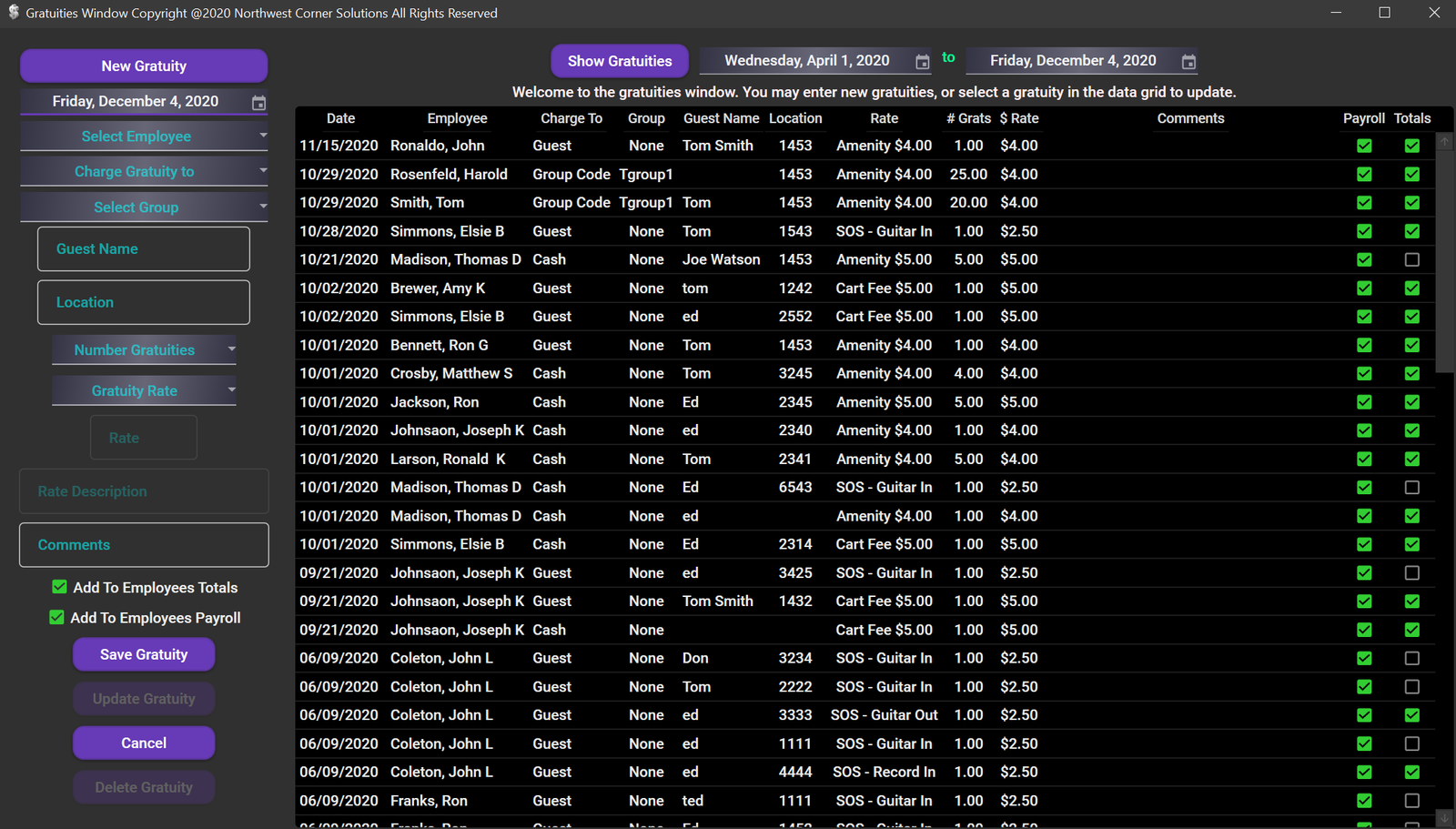 Manage Gratuities window